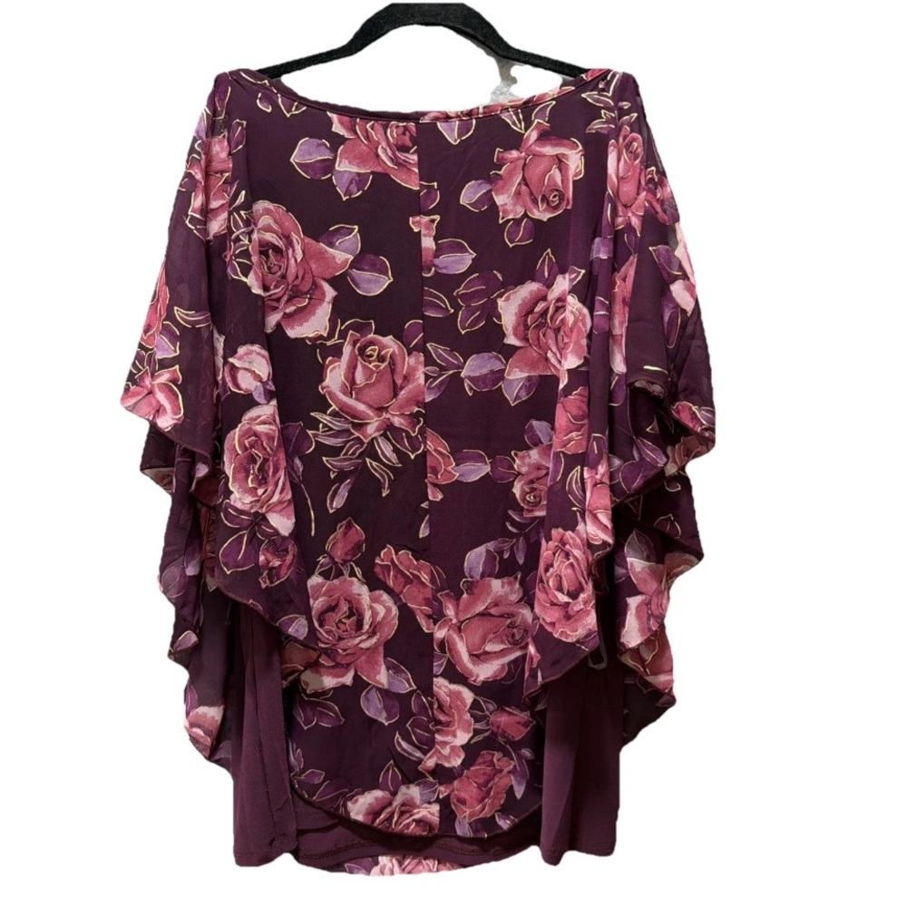 NAIF Cold Shoulder Chiffon Overlay Floral V-Neck Blouse Purple/Pink Boho Artsy L - Picture 2 of 7